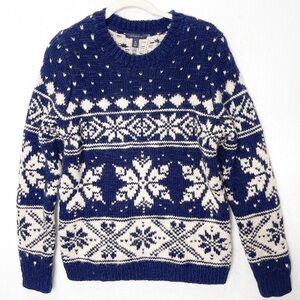 Lands’ End Snowflake Sweater Wool Blend Navy White Thick Size Medium